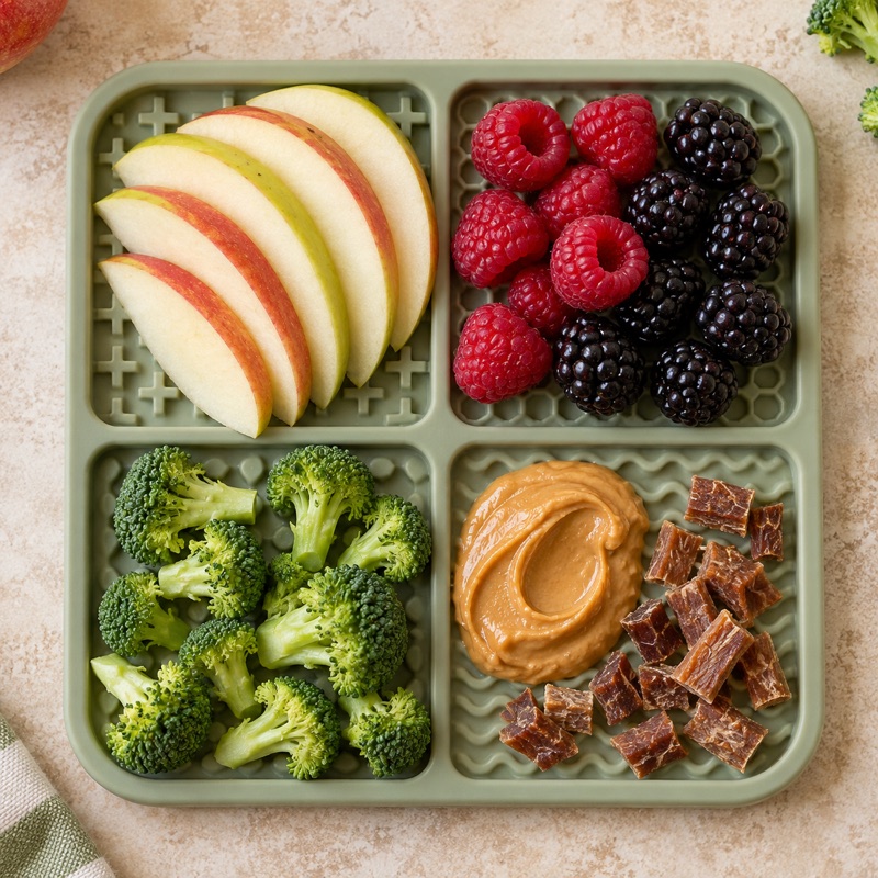 Inspiratiebeeld van een voer- en likmat met appel, bessen, broccoli, zachte traktatie en kleine snackstukjes