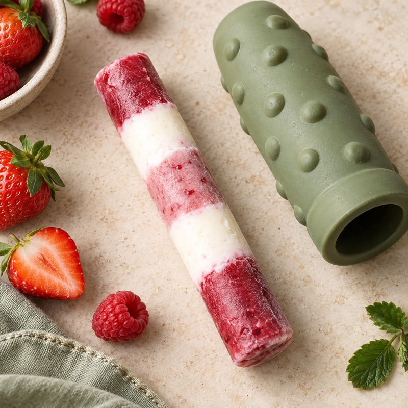 Inspiratiebeeld van een bevroren bessen-yoghurtstick naast een langwerpige voerpuzzel