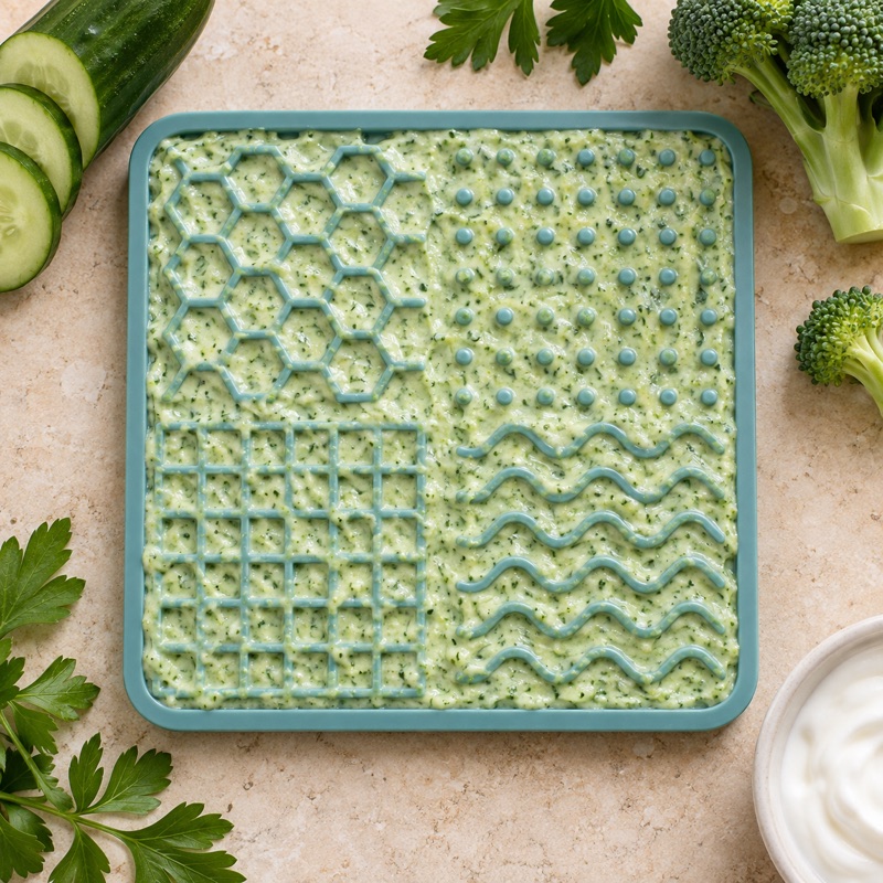 Inspiratiebeeld van een likmat met groene yoghurtvulling van komkommer, broccoli en peterselie