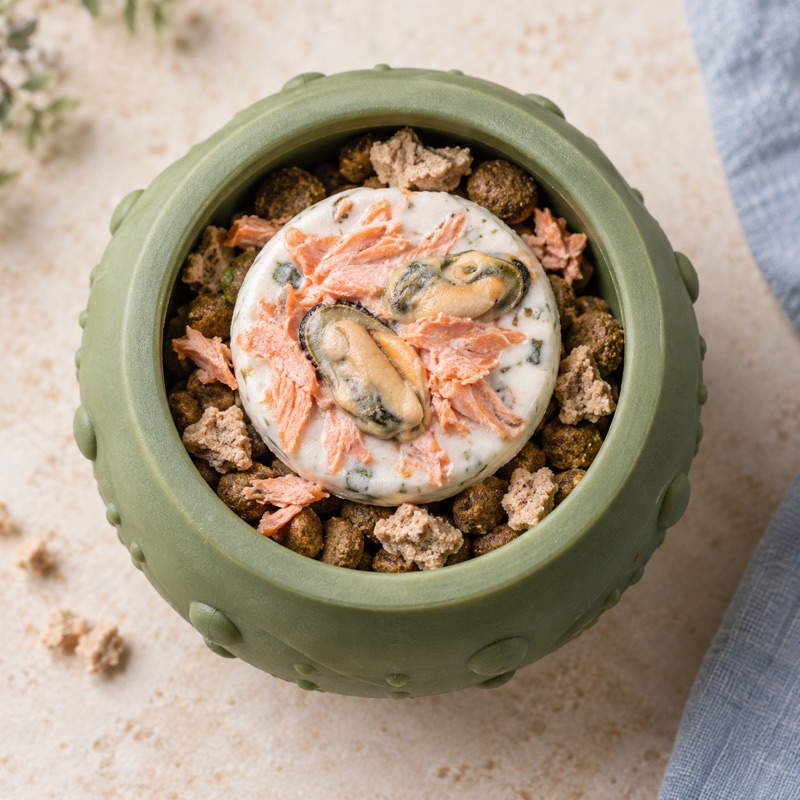 Inspiratiebeeld van een gevulde voerpuzzel met maaltijd, yoghurt, zalm en mosselen