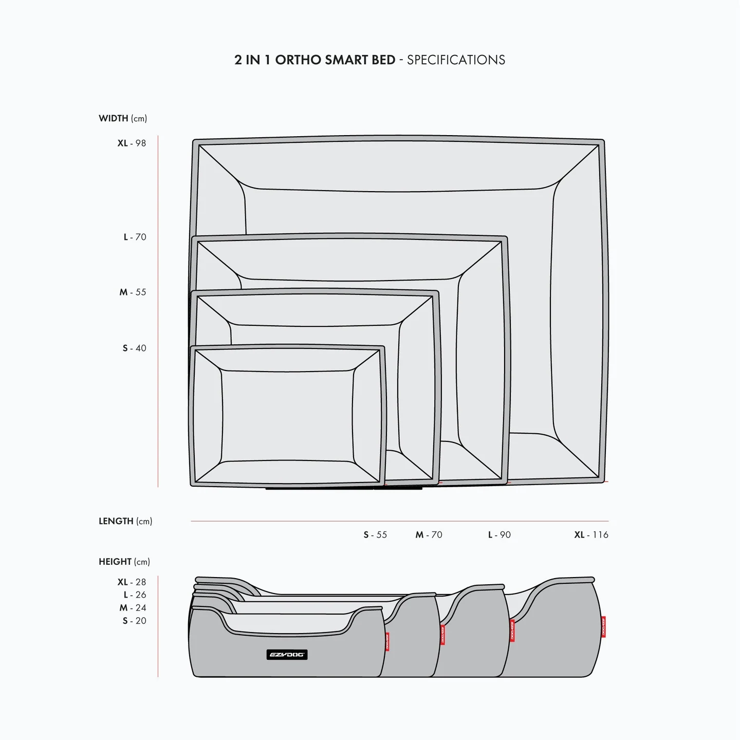 Afmetingsschema van het complete 2in1 Ortho Smart Bed.