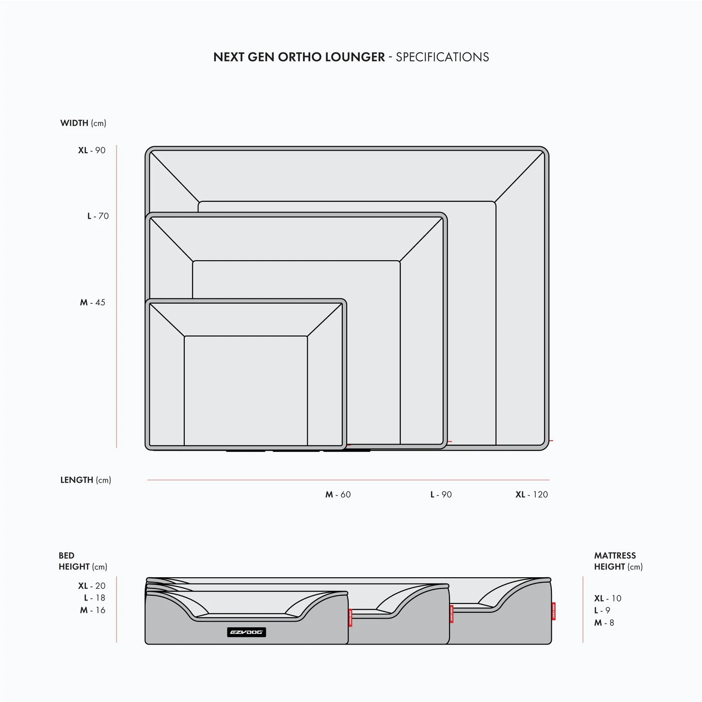 Afmetingsschema van het Next-Gen Ortho Lounger Bed.